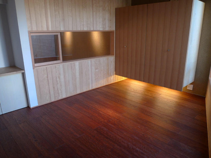 メルバウ一枚もの(低温式床暖房兼用)ナチュラルフローリング(荏油塗装、15ｘ150ｘ1820mm)現場写真＆お客様の声～神奈川県 個人住宅の施工写真