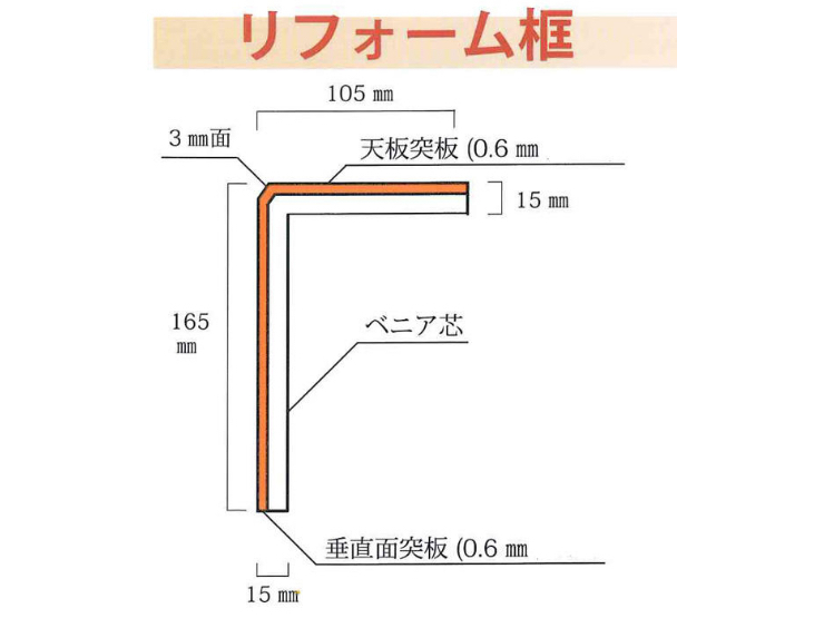 竹 縦積層単板貼り15mm厚　Ｌ字リフォーム框の図面
